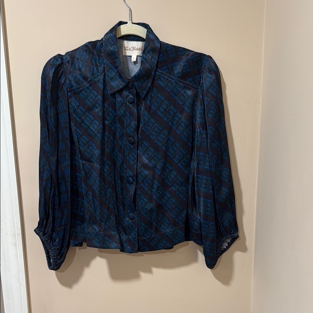 Blue Puff Sleeve Blouse with Notched Collar